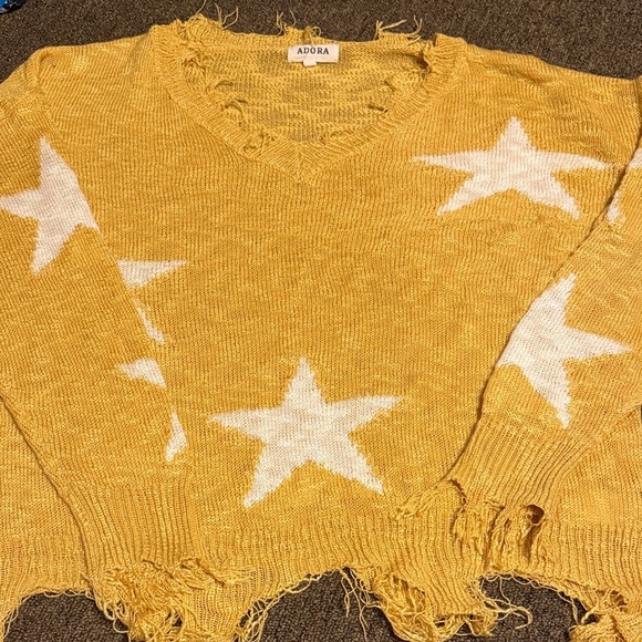 ADORA Sweaters - ADORA Mustard V-Neck Sweater with White Stars